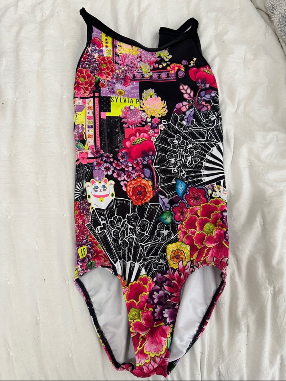 Sylvia P. Floral Fan Print One-Piece Swimsuit - Black & Neon Floral